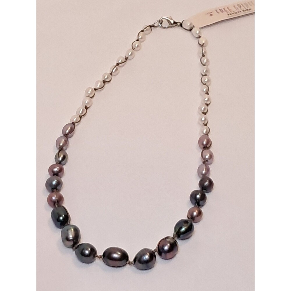 Peyote Bird Iridescent Silver & White Freshwater Pearls On Yarn Necklace 18" NWT